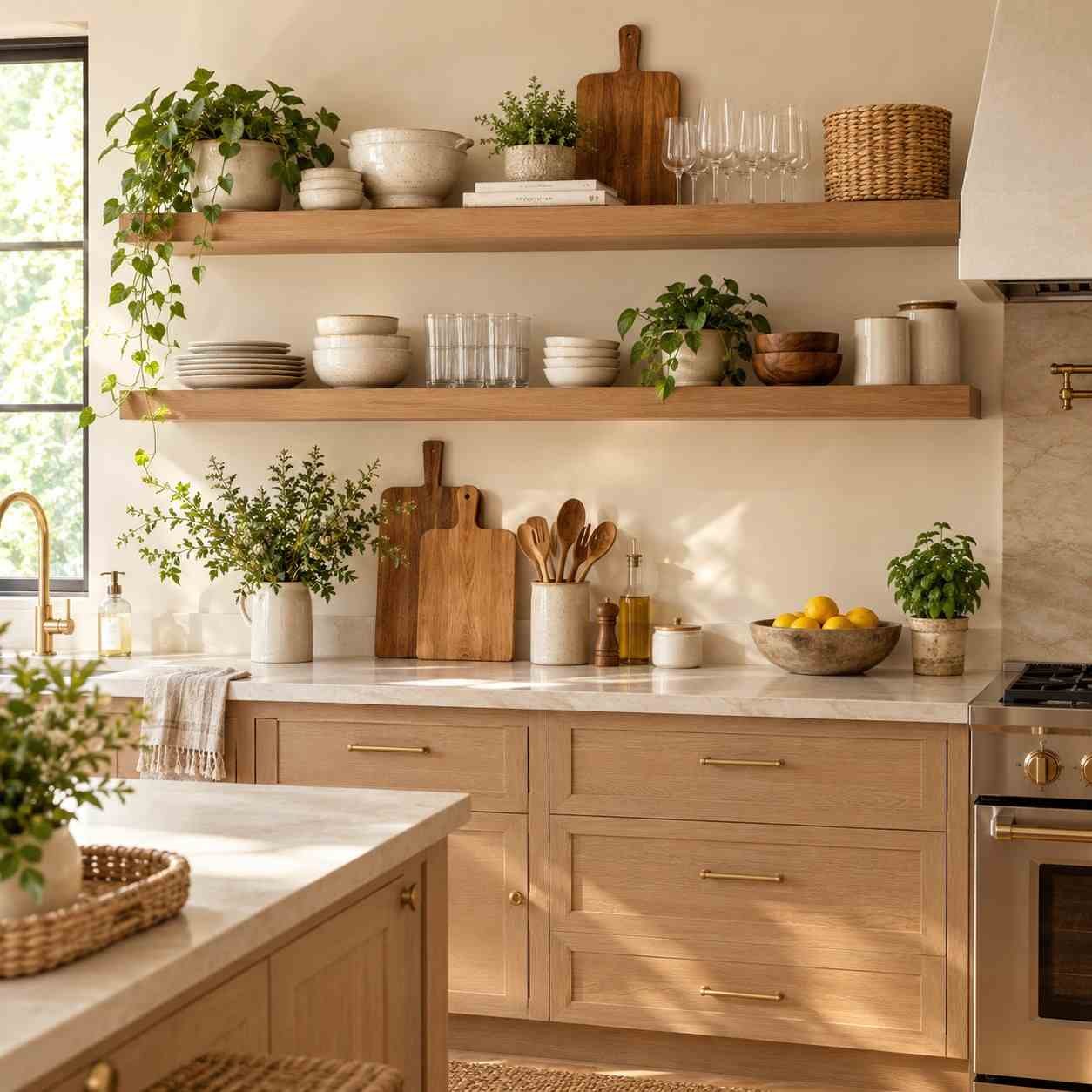 Warm kitchen with natural wood floating shelves, ceramics, greenery, and neutral decor