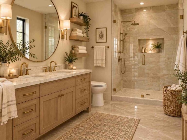 Beautiful modern bathroom remodel with marble, warm wood, brass fixtures, and soft neutral colors