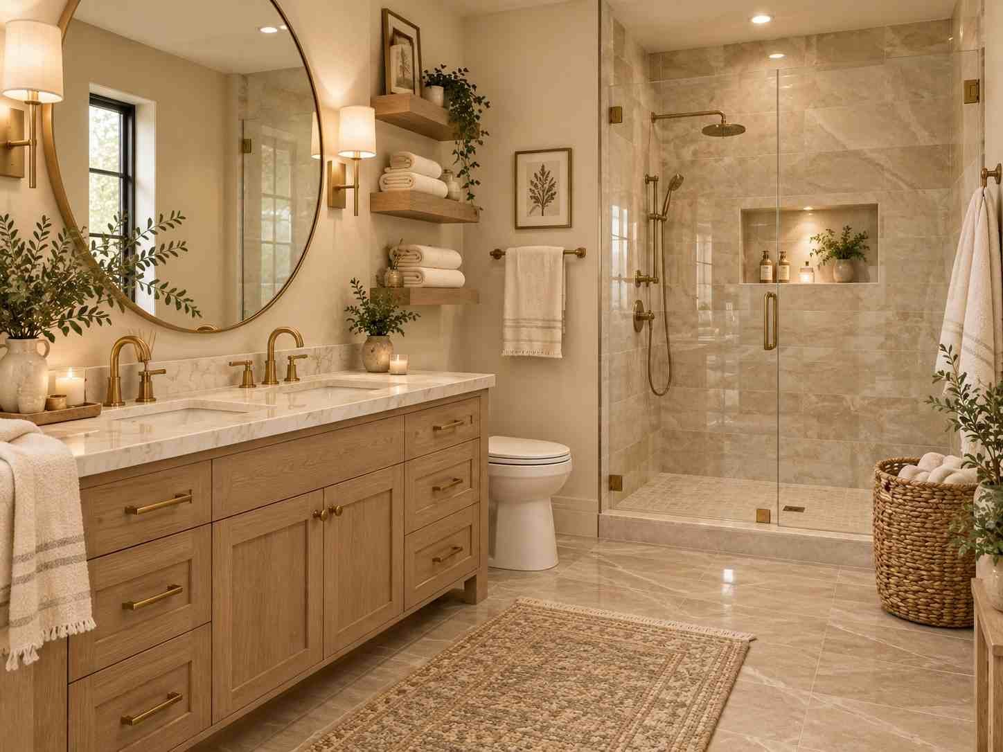 Beautiful modern bathroom remodel with marble, warm wood, brass fixtures, and soft neutral colors