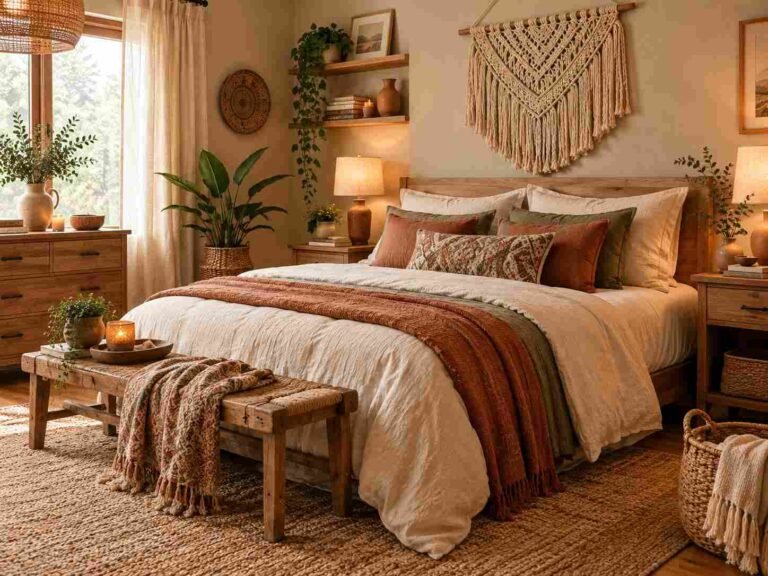 Cozy boho bedroom with earthy colors, natural textures, plants, and layered bedding