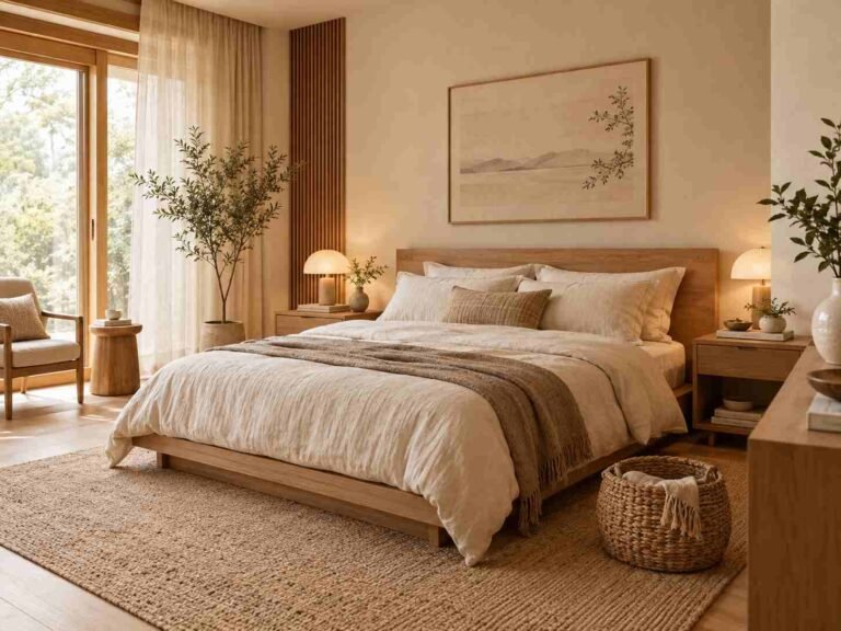 Calm Japandi bedroom with natural wood, soft neutrals, linen bedding, and simple decor