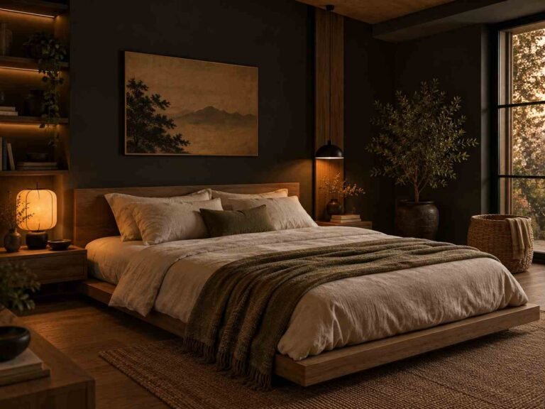 Dark Japandi bedroom with charcoal walls, warm wood, neutral bedding, and soft ambient lighting