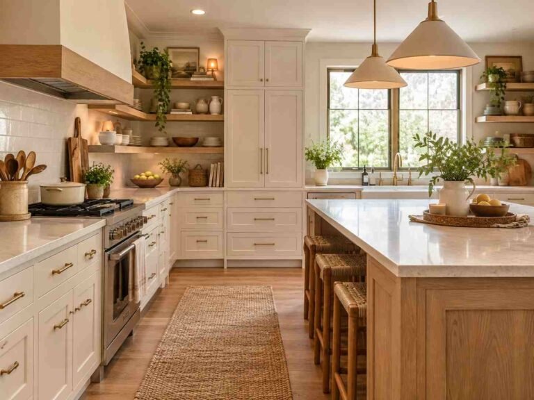 Warm modern kitchen with cream cabinets, natural wood accents, greenery, open shelves, and cozy neutral decor.