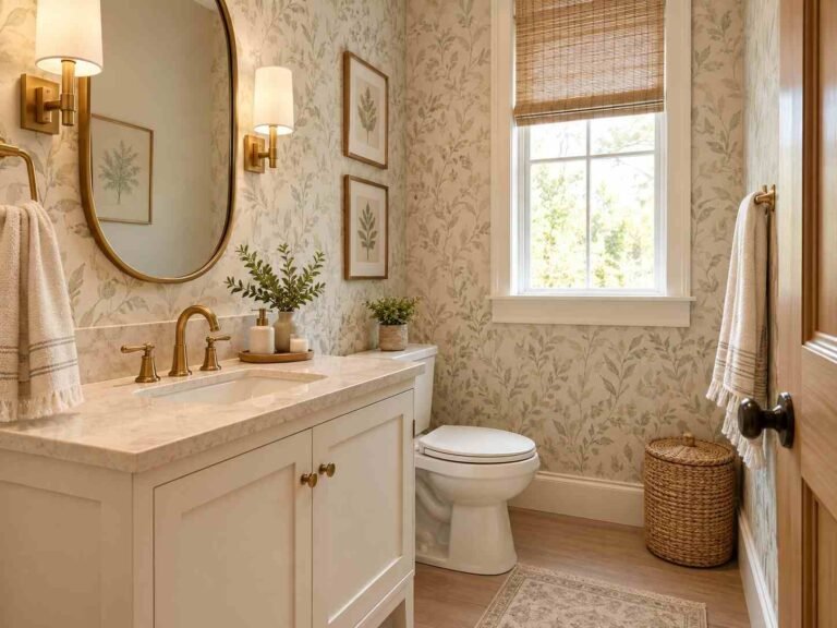 Small stylish bathroom with soft wallpaper, warm white vanity, brass fixtures, oak accents, and natural light.