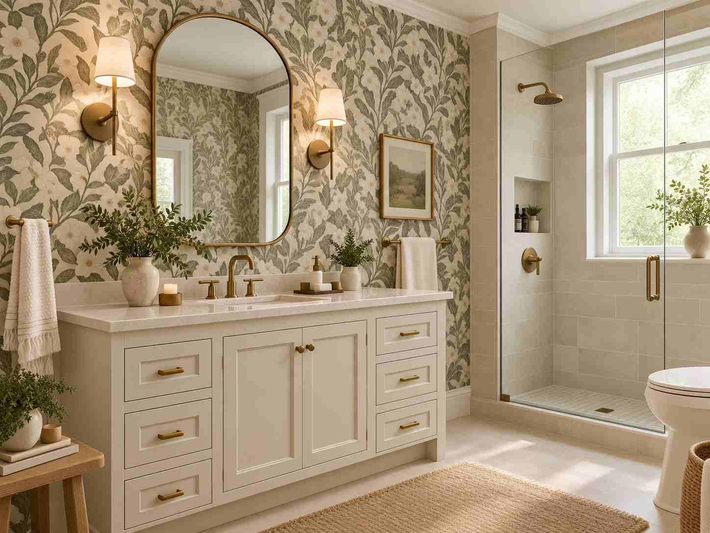 Elegant bathroom featuring patterned wallpaper, warm white vanity, brass fixtures, oak accents, and soft neutral decor.