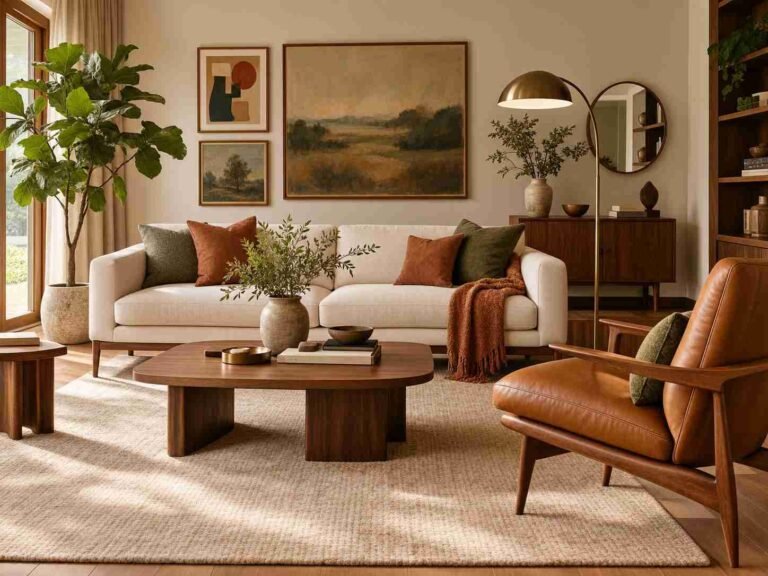 Warm mid century modern living room with cream sofa, walnut furniture, earthy accents, and cozy natural textures.