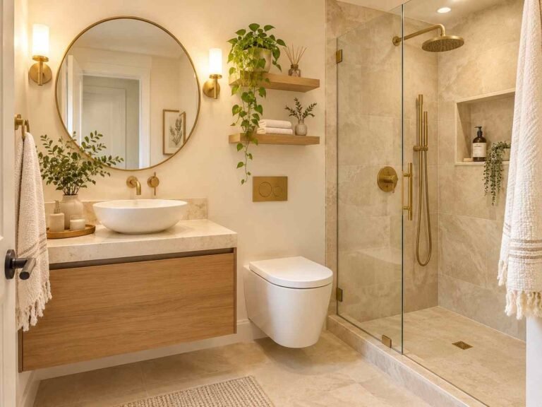 Small bathroom remodel with warm neutral colors, floating vanity, glass shower, and smart storage.
