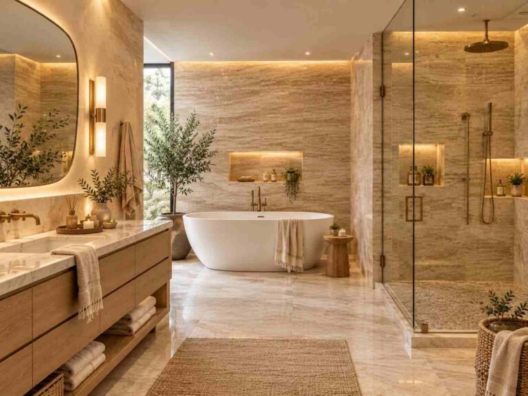 Modern master bathroom with warm natural materials and spa-inspired design