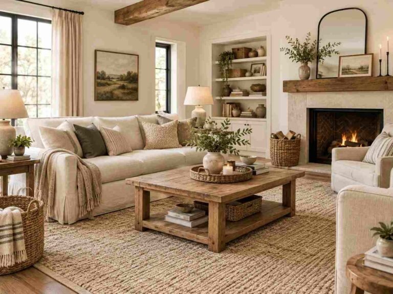 Cozy modern farmhouse living room with cream sofa, natural wood furniture, neutral rug, greenery, and warm layered textures.
