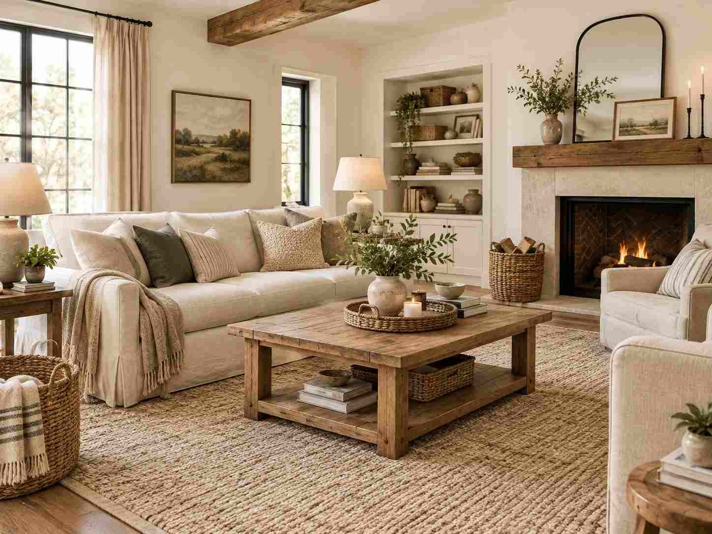 Cozy modern farmhouse living room with cream sofa, natural wood furniture, neutral rug, greenery, and warm layered textures.