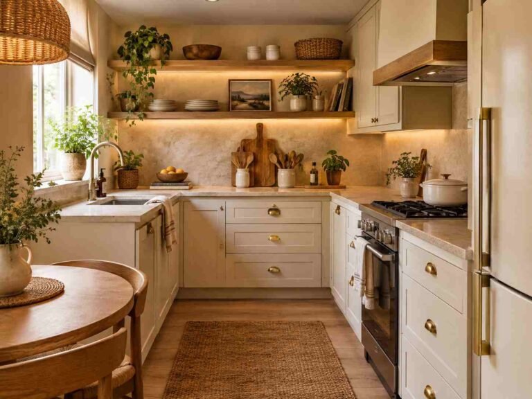 Cozy small apartment kitchen with cream cabinets, wood accents, greenery, and warm lighting.