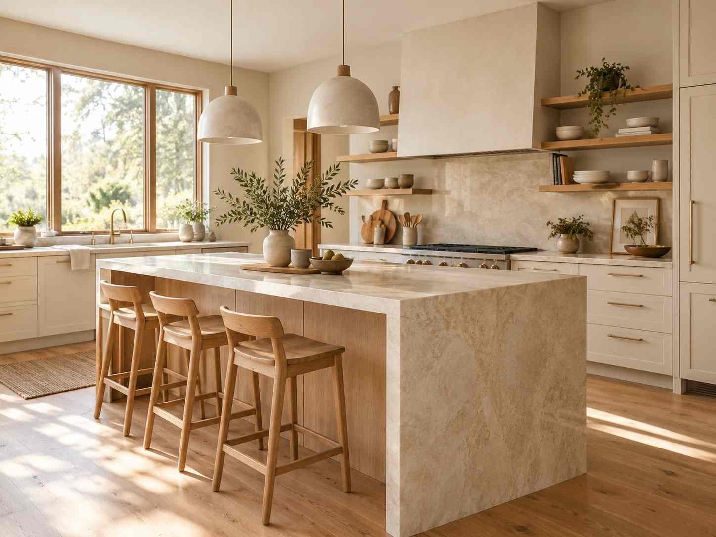Warm Japandi kitchen with natural oak cabinets, creamy finishes, a stone island, and minimalist decor.