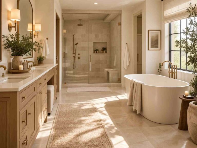 Alt Text: Warm neutral primary bathroom with a freestanding tub, oak vanity, natural stone, and soft lighting.