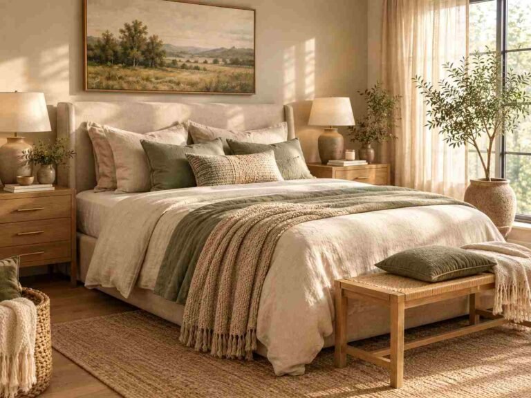 Alt text: Cozy bedroom with warm neutral bedding, sage green accents, and natural wood furniture in soft sunlight.