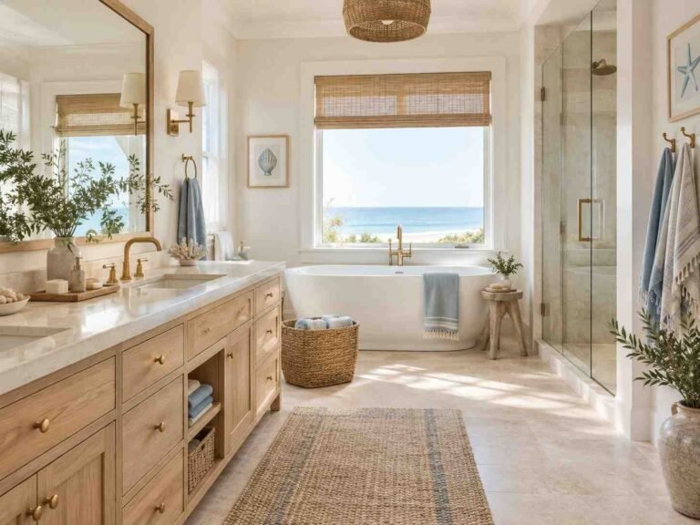 Alt Text: Coastal bathroom with soft blue accents, natural wood, woven textures, and bright airy decor.