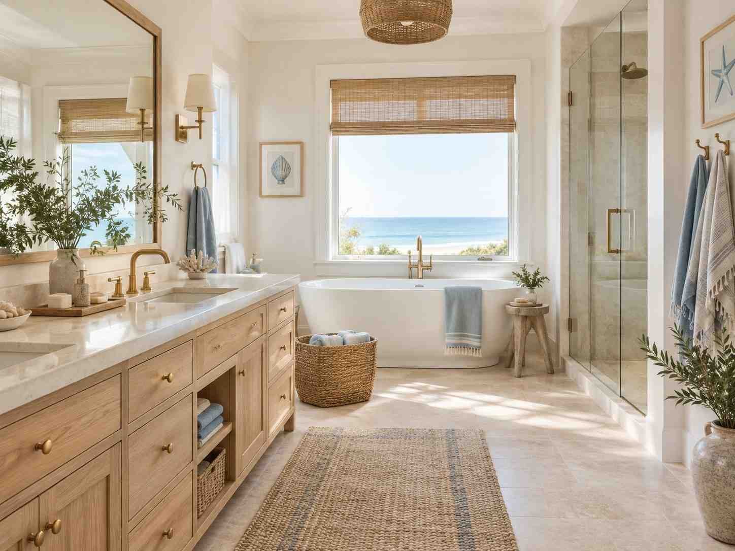Alt Text: Coastal bathroom with soft blue accents, natural wood, woven textures, and bright airy decor.