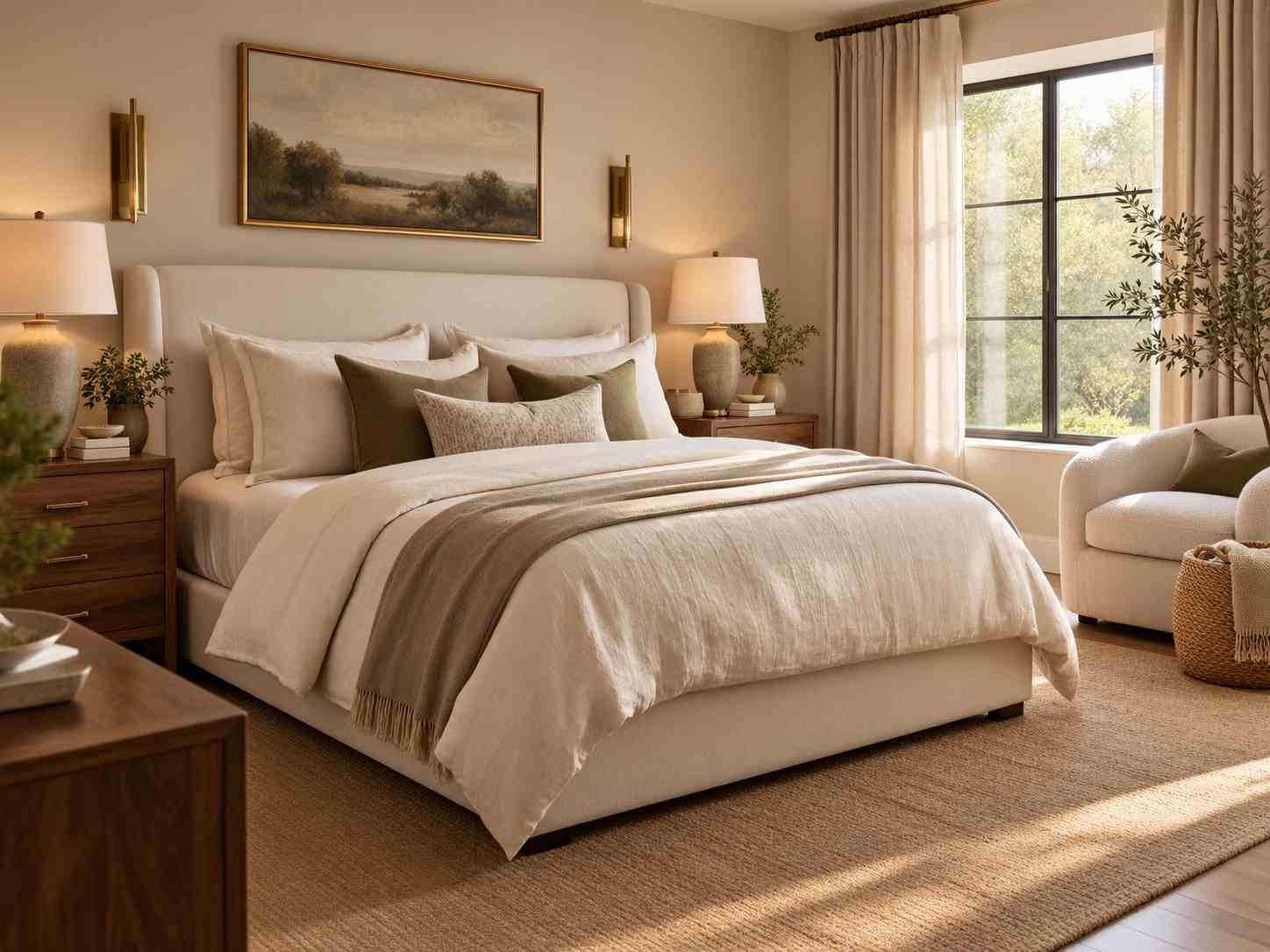 Elegant grown woman bedroom with neutral bedding, warm wood furniture, soft lighting, and cozy sophisticated decor.