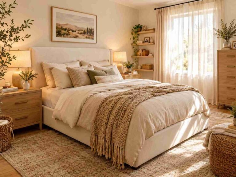 : Cozy single mom bedroom with neutral bedding, warm lighting, and natural wood furnitur