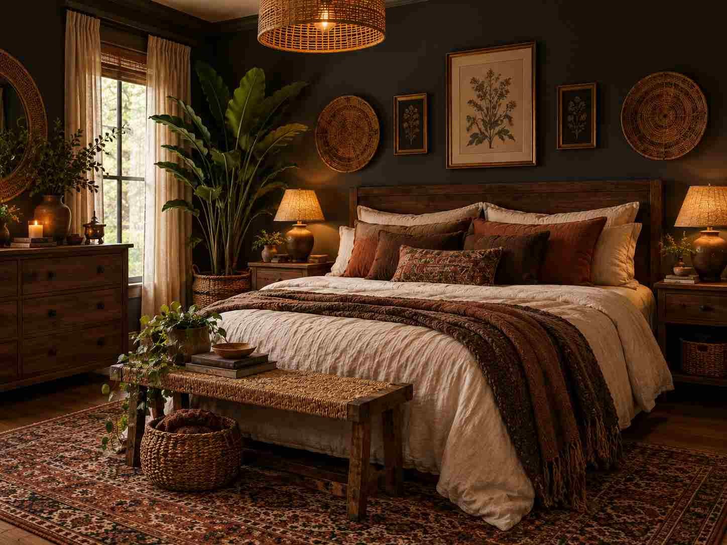 Dark boho bedroom with charcoal walls, layered cream bedding, earthy accents, warm lighting, and natural woven decor.