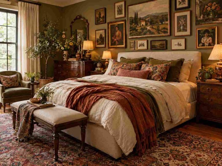 Cozy eclectic bedroom with vintage furniture, colorful bedding, layered textures, and artistic wall decor.