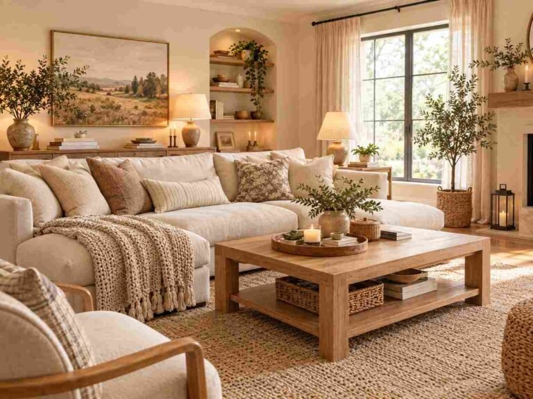 Cozy living room with a cream sofa, soft neutral cushions, warm lighting, natural wood furniture, and inviting layered textures.