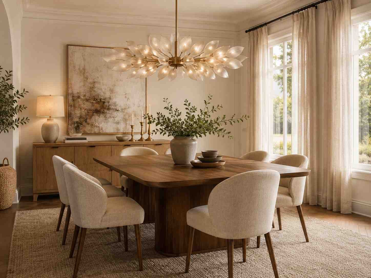 Elegant dining room with a walnut table, oatmeal chairs, sculptural chandelier, and warm natural lighting.