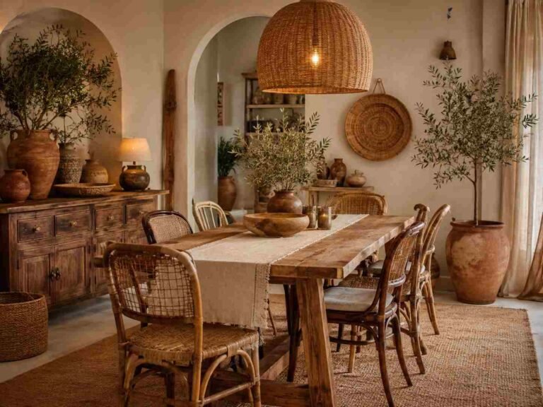 Warm boho dining room with rustic wood furniture, rattan chairs, woven lighting, greenery, and earthy décor.