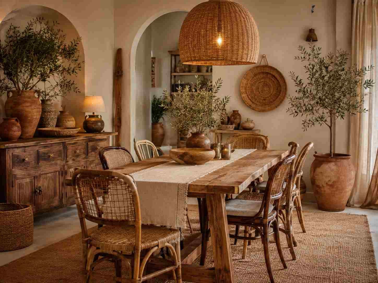 Warm boho dining room with rustic wood furniture, rattan chairs, woven lighting, greenery, and earthy décor.