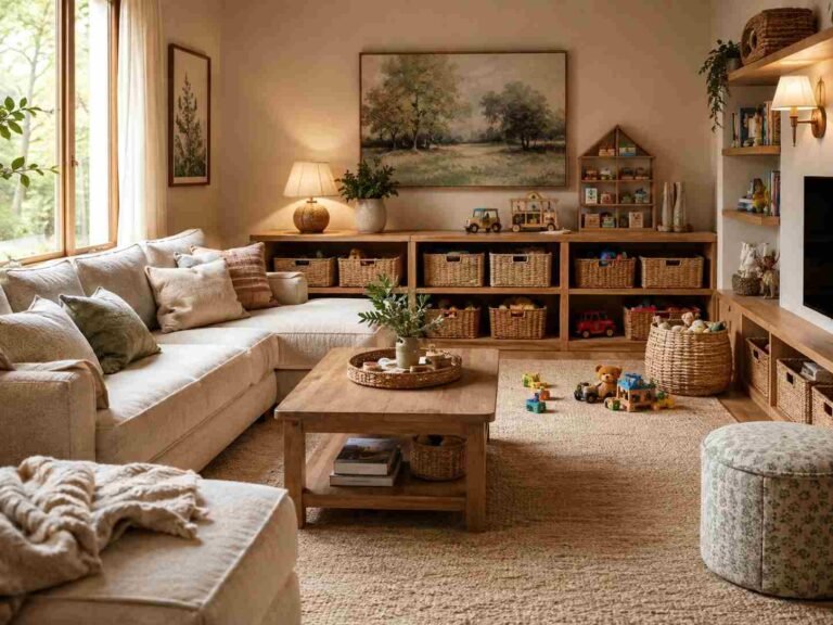 Beautiful family living room with stylish toy storage baskets, cabinets, and organized children's toys.