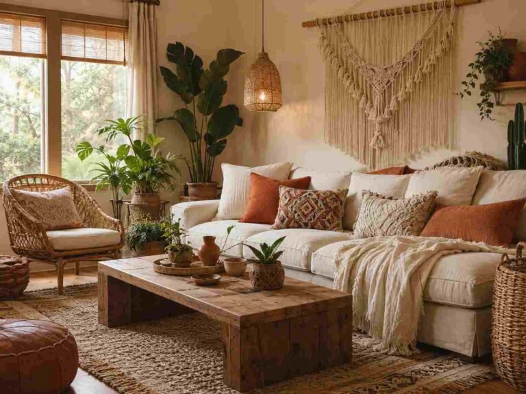 Warm bohemian living room with natural textures, earthy colors, plants, and cozy layered decor.