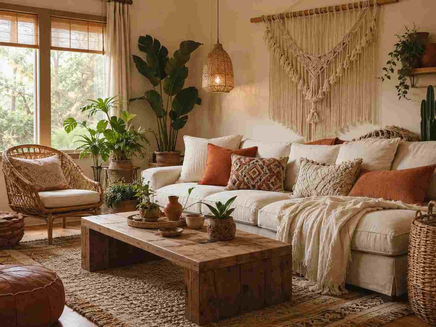 Warm bohemian living room with natural textures, earthy colors, plants, and cozy layered decor.