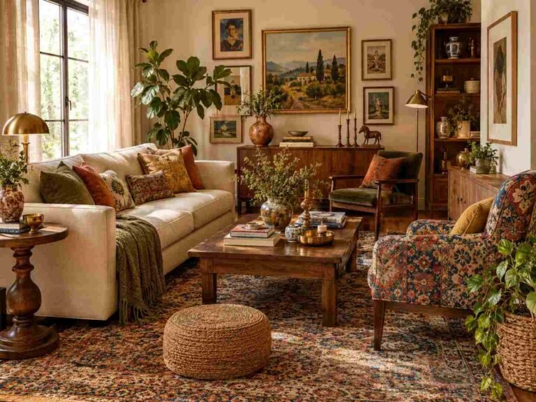Eclectic living room with vintage furniture, colorful accents, layered textures, plants, and warm natural lighting.