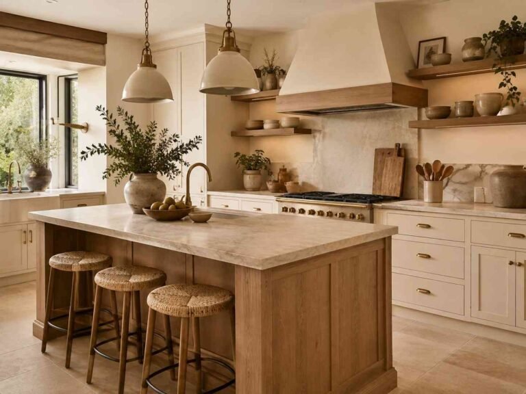 Warm and stylish kitchen with cream cabinets, natural wood, stone island, and elegant lighting.