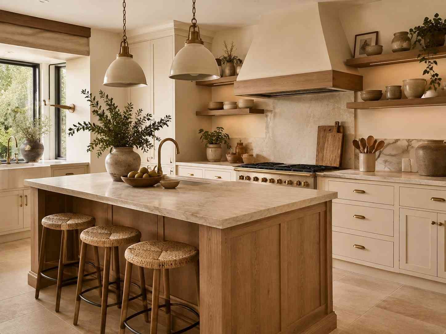Warm and stylish kitchen with cream cabinets, natural wood, stone island, and elegant lighting.
