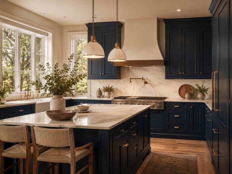 Elegant kitchen with dark blue cabinets, brass hardware, warm wood, and light countertops.