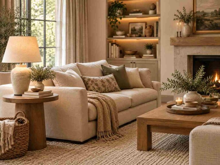 Cozy living room with a stylish side table beside a beige sofa and warm neutral decor.
