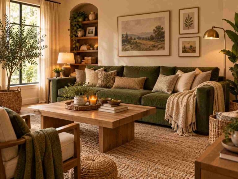 Cozy living room featuring a green sofa, cream walls, natural wood, neutral textiles, and greenery.