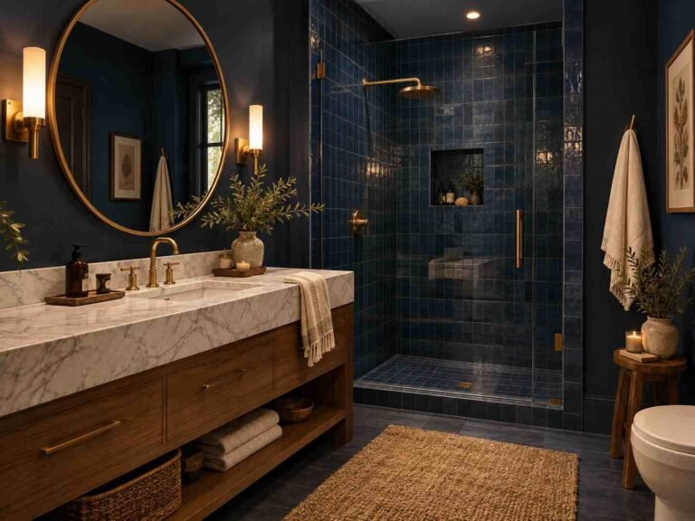 Luxurious dark blue bathroom with navy walls, blue tiles, white marble, gold fixtures, warm lighting, and natural wood accents.