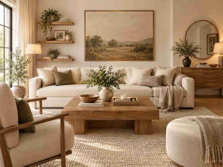 Elegant living room featuring neutral wall art, floating shelves, a mirror, cream sofa, and warm natural textures.