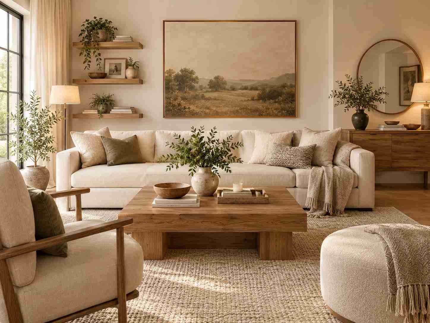 Elegant living room featuring neutral wall art, floating shelves, a mirror, cream sofa, and warm natural textures.
