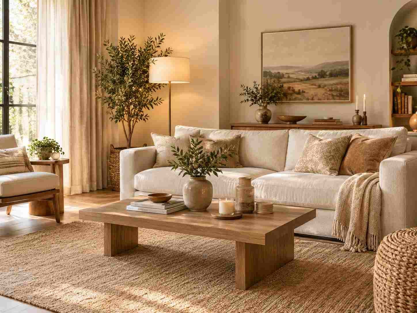 Warm neutral living room with cream sofa, natural wood furniture, greenery, soft lighting, and elegant decor.