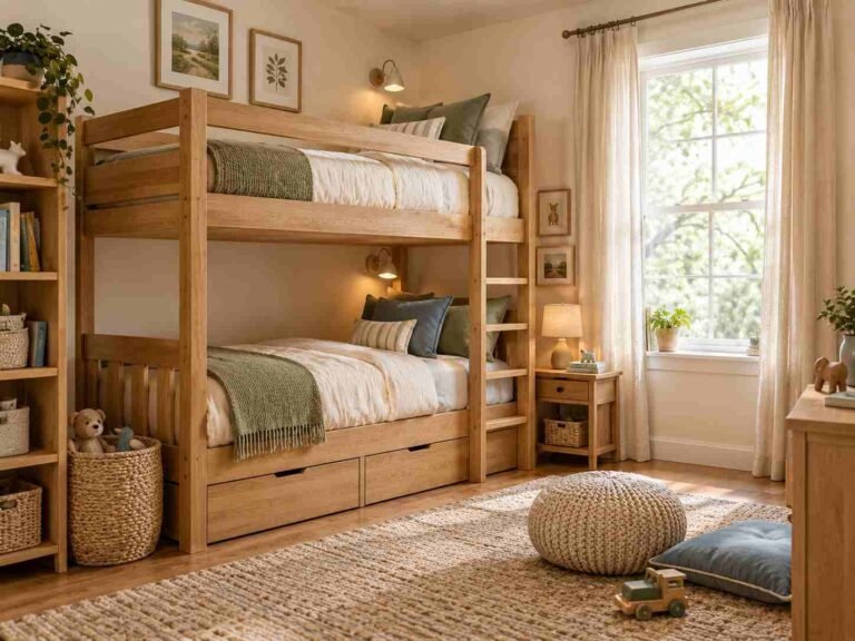 Stylish shared kids bedroom with a cozy natural wood bunk bed and neutral decor.