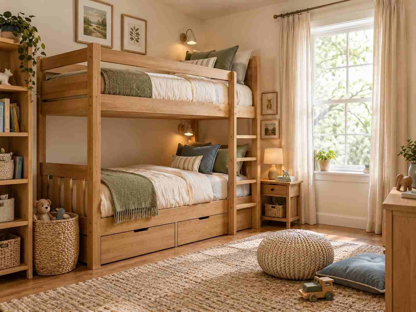 Stylish shared kids bedroom with a cozy natural wood bunk bed and neutral decor.