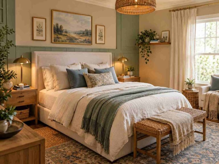 Cozy bedroom featuring warm neutral paint colors, soft bedding, natural wood, and layered textures.