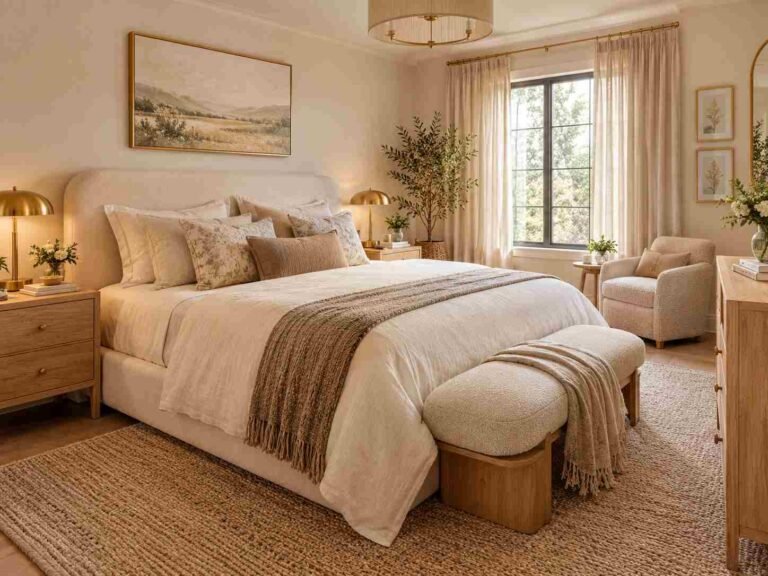 Elegant woman’s bedroom with cream bedding, warm neutral colors, natural wood, and cozy layered textures.