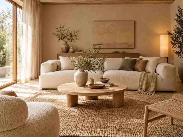 Calm Japandi living room with a cream sofa, light oak furniture, neutral colors, natural textures, and soft lighting.