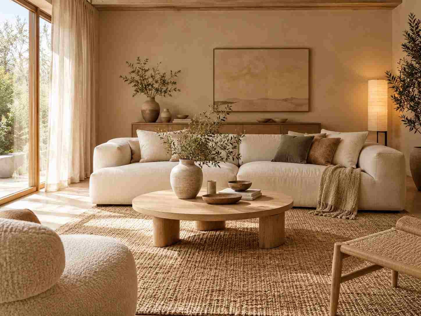 Calm Japandi living room with a cream sofa, light oak furniture, neutral colors, natural textures, and soft lighting.