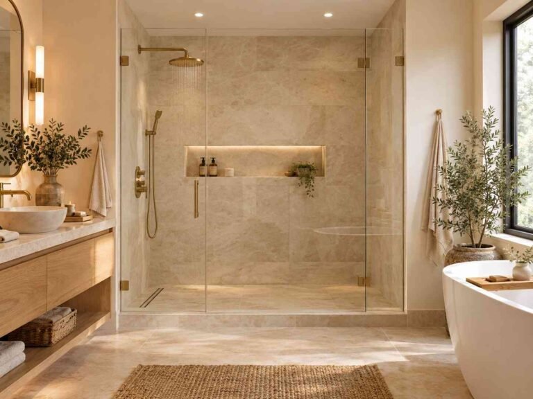 Warm modern walk-in shower with beige tile, glass enclosure, brass fixtures, and spa-inspired details.