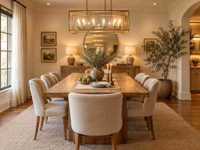 Warm dining room with elegant lighting hanging above a natural wood dining table.