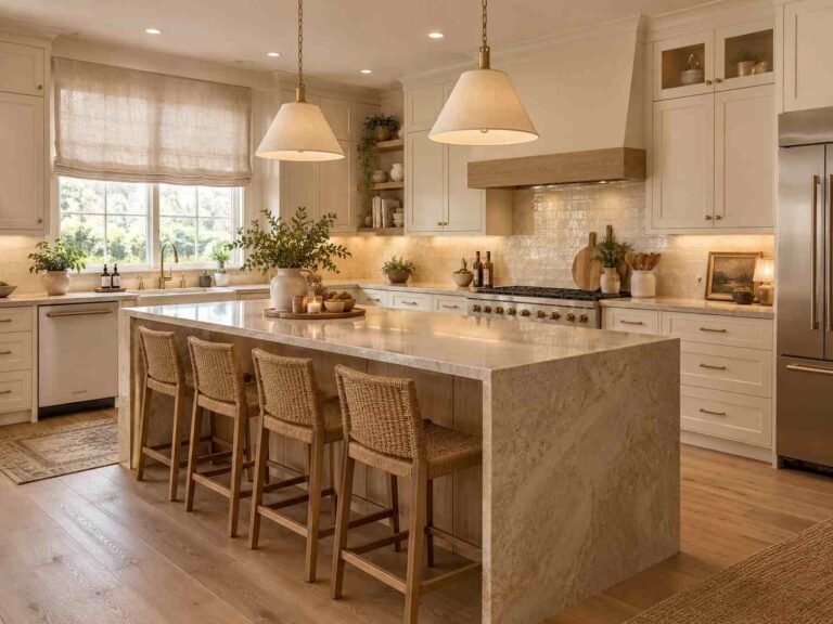 Warm modern kitchen remodel with white cabinets, natural wood, stone island, handmade tile, and cozy lighting